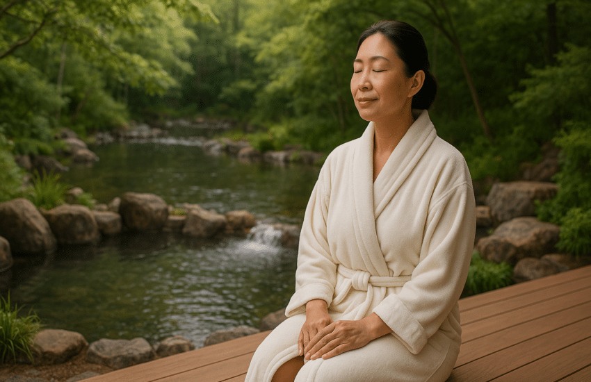 personne en peignoir faisant une cure thermale