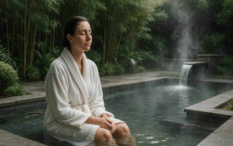 personne en peignoir faisant une cure thermale